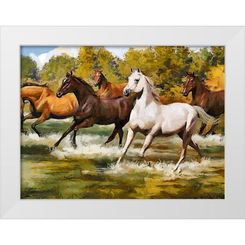 Running Horses in Water White Modern Wood Framed Art Print by Medeiros, Celito