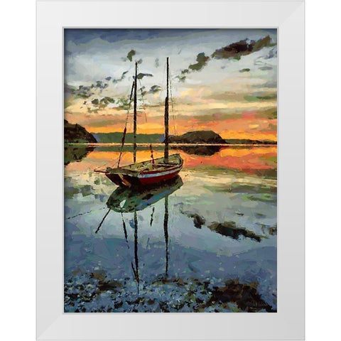 Boat by Sunset White Modern Wood Framed Art Print by Medeiros, Celito
