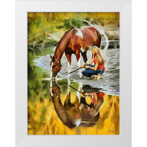 Girl with Drinking Horse White Modern Wood Framed Art Print by Medeiros, Celito