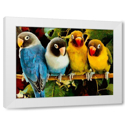 Four Parrots White Modern Wood Framed Art Print by Medeiros, Celito