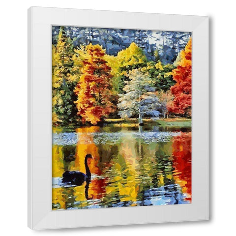 Black Swan with colorful Trees White Modern Wood Framed Art Print by Medeiros, Celito
