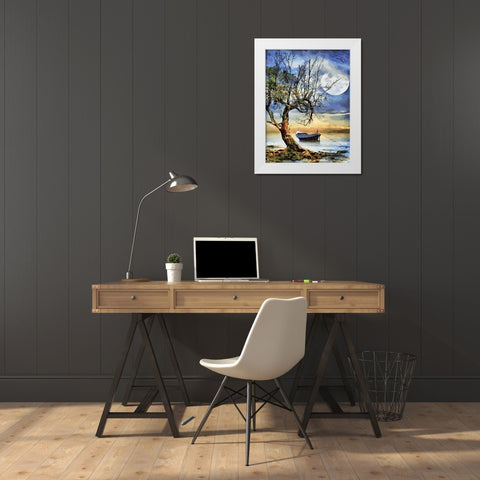 Boat, Tree and Moon White Modern Wood Framed Art Print by Medeiros, Celito