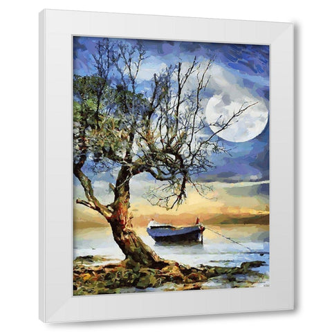 Boat, Tree and Moon White Modern Wood Framed Art Print by Medeiros, Celito