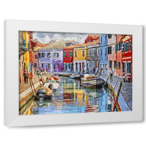 Boats with colorful Houses VI White Modern Wood Framed Art Print by Medeiros, Celito