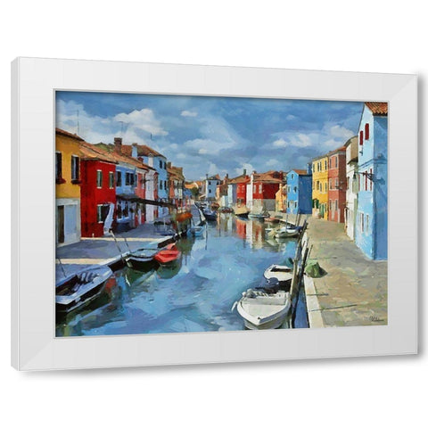 Boats with colorful Houses VII White Modern Wood Framed Art Print by Medeiros, Celito