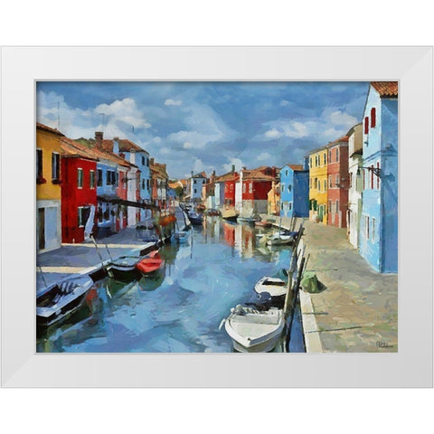 Boats with colorful Houses VII White Modern Wood Framed Art Print by Medeiros, Celito