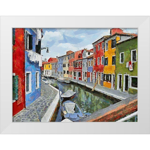 Boats with colorful Houses VIII White Modern Wood Framed Art Print by Medeiros, Celito
