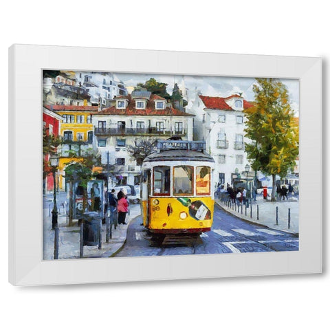 Yellow Tram White Modern Wood Framed Art Print by Medeiros, Celito