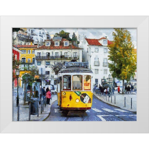 Yellow Tram White Modern Wood Framed Art Print by Medeiros, Celito