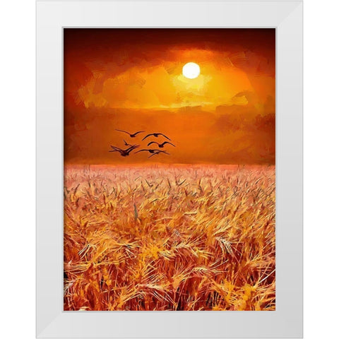 Birds over the field by Sunset White Modern Wood Framed Art Print by Medeiros, Celito