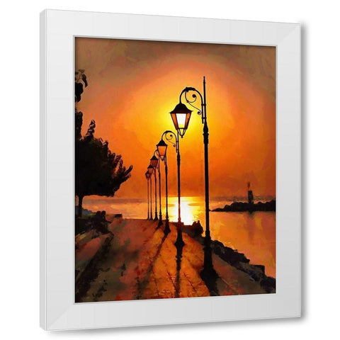 Lamps in the Harbor by Sunset White Modern Wood Framed Art Print by Medeiros, Celito