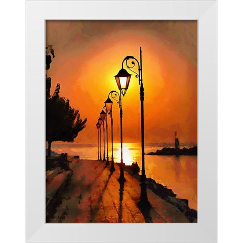 Lamps in the Harbor by Sunset White Modern Wood Framed Art Print by Medeiros, Celito