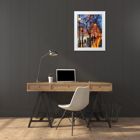 Street with Lamps White Modern Wood Framed Art Print by Medeiros, Celito