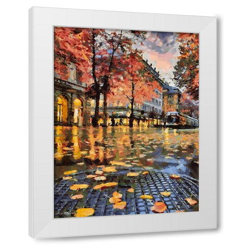 Tram in Autumn White Modern Wood Framed Art Print by Medeiros, Celito