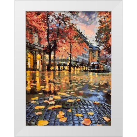 Tram in Autumn White Modern Wood Framed Art Print by Medeiros, Celito