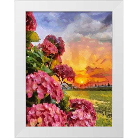 Sunset with Pink Flowers I White Modern Wood Framed Art Print by Medeiros, Celito
