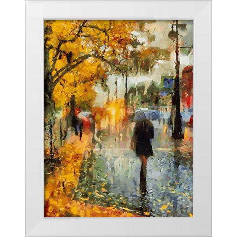 Girl With Umbrella in Autumn White Modern Wood Framed Art Print by Medeiros, Celito