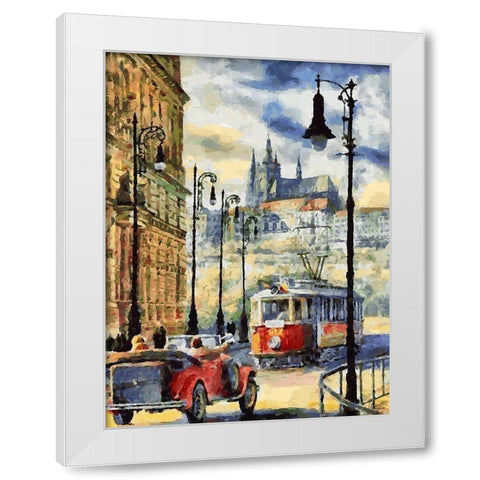 Tram in Prague White Modern Wood Framed Art Print by Medeiros, Celito