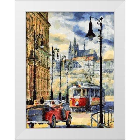 Tram in Prague White Modern Wood Framed Art Print by Medeiros, Celito