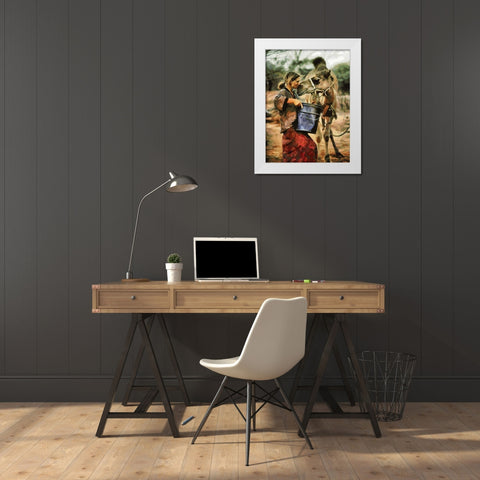 Girl feeding  Camel White Modern Wood Framed Art Print by Medeiros, Celito