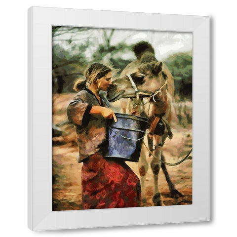 Girl feeding  Camel White Modern Wood Framed Art Print by Medeiros, Celito