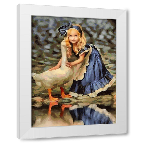 Small girl with Goose White Modern Wood Framed Art Print by Medeiros, Celito