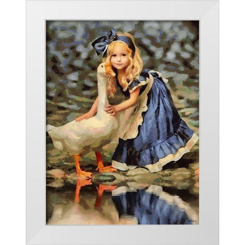Small girl with Goose White Modern Wood Framed Art Print by Medeiros, Celito