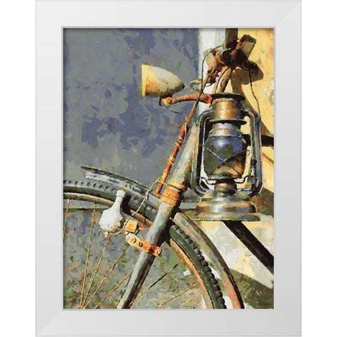 Old Bicycle with Lamp White Modern Wood Framed Art Print by Medeiros, Celito