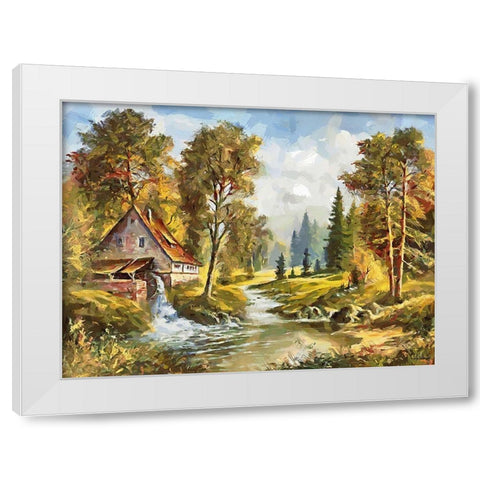 An Old Mill with Watterfall White Modern Wood Framed Art Print by Medeiros, Celito