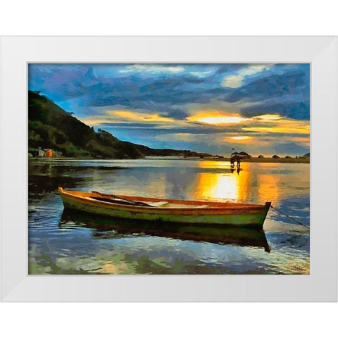 Sunset with green Boat White Modern Wood Framed Art Print by Medeiros, Celito