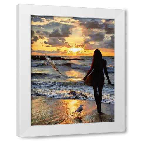 Girl with Seagulls White Modern Wood Framed Art Print by Medeiros, Celito