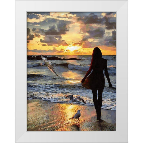 Girl with Seagulls White Modern Wood Framed Art Print by Medeiros, Celito