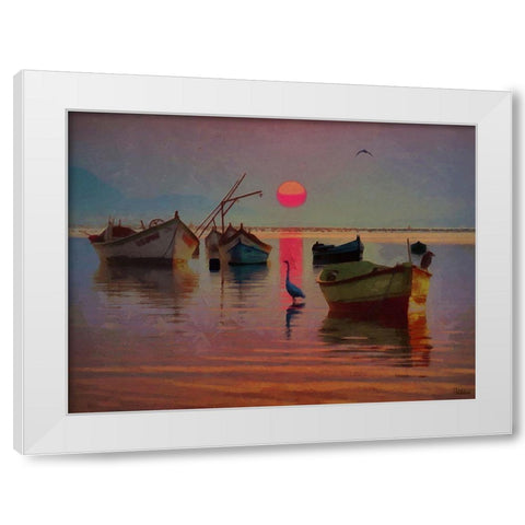 Boats with pink Sun White Modern Wood Framed Art Print by Medeiros, Celito