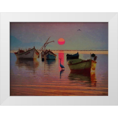 Boats with pink Sun White Modern Wood Framed Art Print by Medeiros, Celito