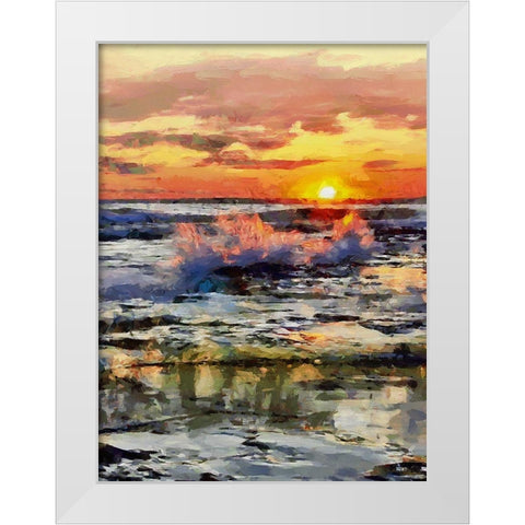 Waves under Sunset White Modern Wood Framed Art Print by Medeiros, Celito