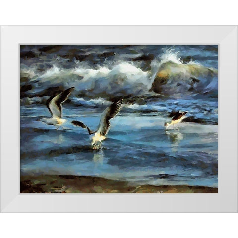 Seagulls ont the Beach White Modern Wood Framed Art Print by Medeiros, Celito