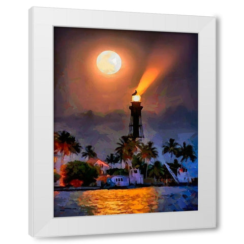 Lighthouse with Full Moon White Modern Wood Framed Art Print by Medeiros, Celito