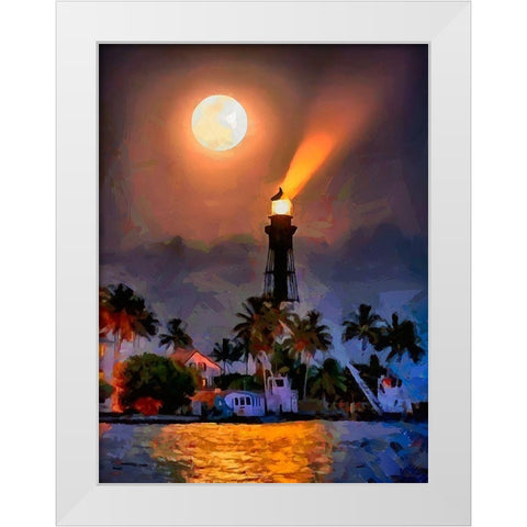 Lighthouse with Full Moon White Modern Wood Framed Art Print by Medeiros, Celito