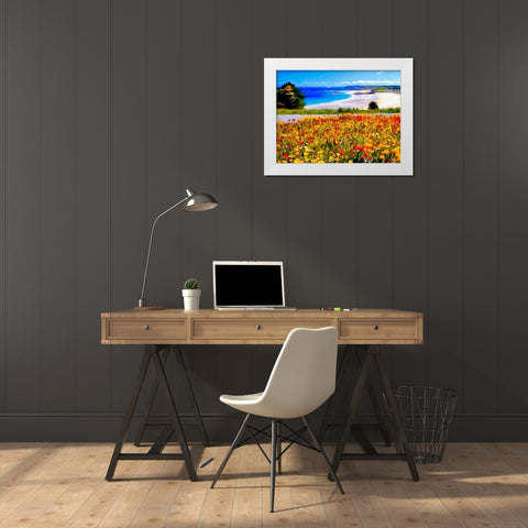 Flowers on the Field near Beach White Modern Wood Framed Art Print by Medeiros, Celito