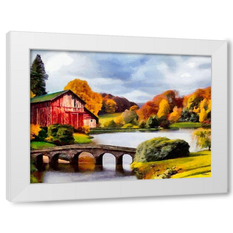 Red House with Stone Bridge White Modern Wood Framed Art Print by Medeiros, Celito