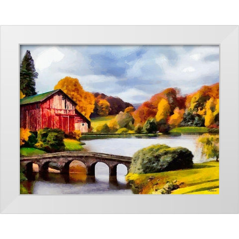 Red House with Stone Bridge White Modern Wood Framed Art Print by Medeiros, Celito
