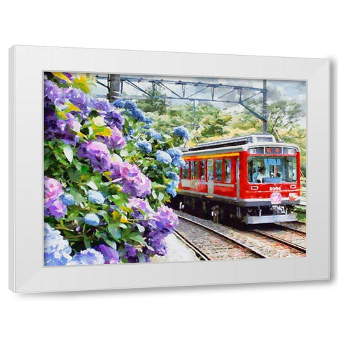 Red Train with Hydrangea White Modern Wood Framed Art Print by Medeiros, Celito