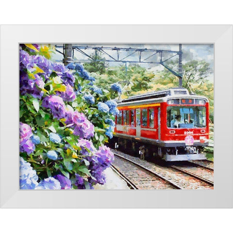 Red Train with Hydrangea White Modern Wood Framed Art Print by Medeiros, Celito