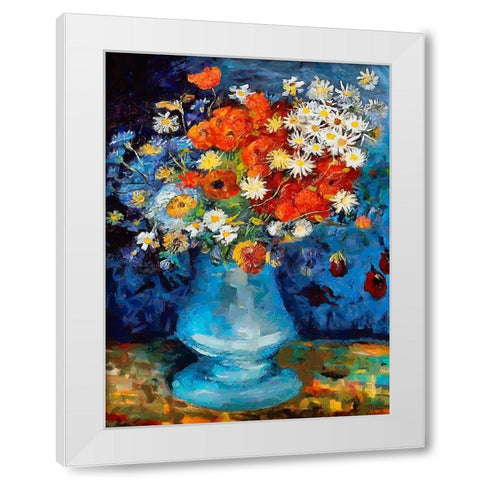Vase with Flowers on blue Background White Modern Wood Framed Art Print by Medeiros, Celito