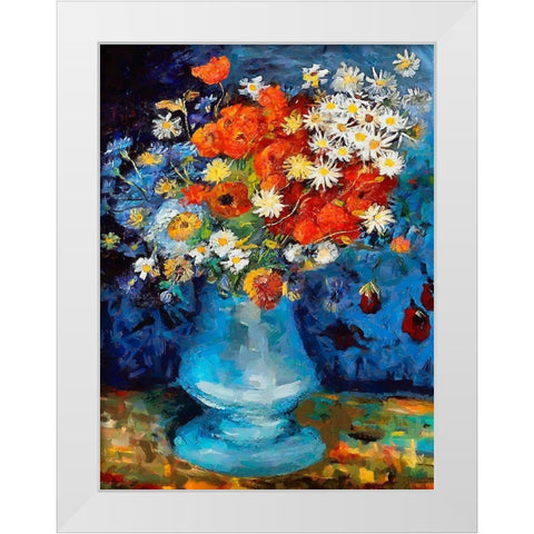 Vase with Flowers on blue Background White Modern Wood Framed Art Print by Medeiros, Celito
