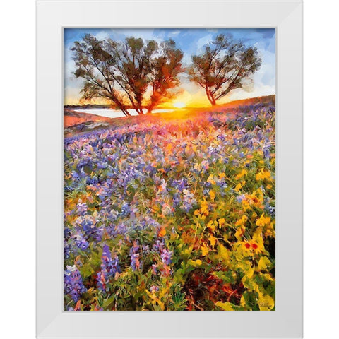 Sunrise over a Meadow with blue Flowers White Modern Wood Framed Art Print by Medeiros, Celito