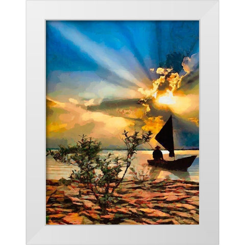 Fisherman in the Evening White Modern Wood Framed Art Print by Medeiros, Celito