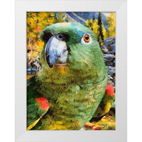 Green Parrot White Modern Wood Framed Art Print by Medeiros, Celito