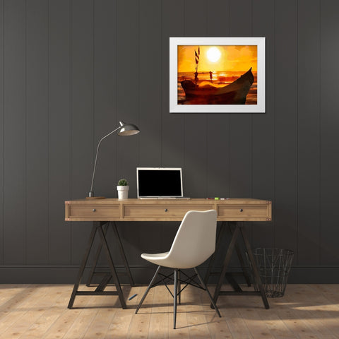 Boat by Sunset II White Modern Wood Framed Art Print by Medeiros, Celito