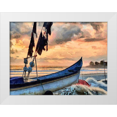 Boat by Sunset White Modern Wood Framed Art Print by Medeiros, Celito